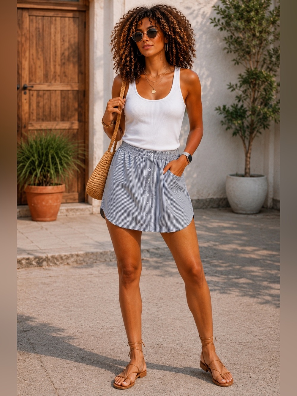 Blue and white Pinstripe Button Skirt